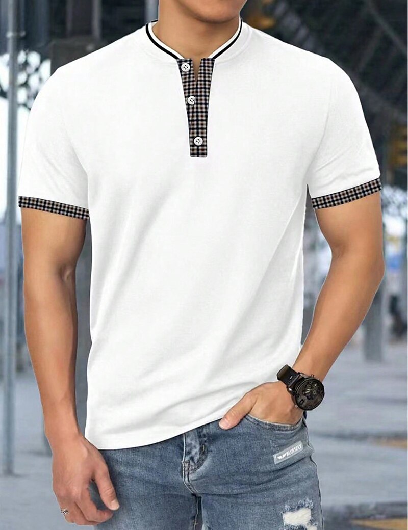 Men's Henley Shirt Plain Plaid / Check Henley Street Vacation Short Sleeves Patchwork Clothing Apparel Fashion Designer Basic Top 