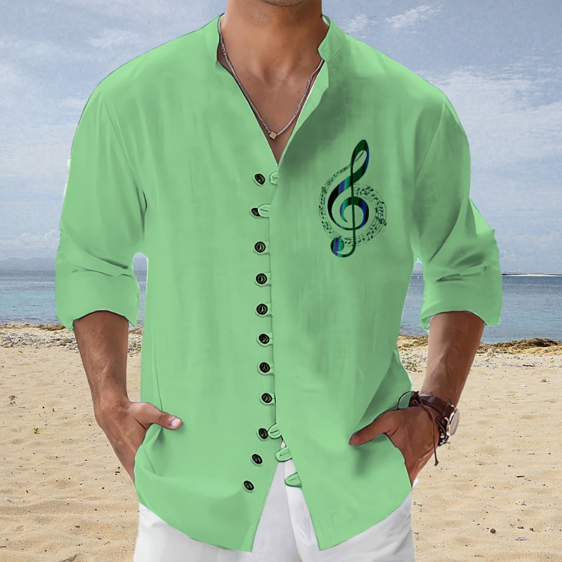 Men's Linen Shirt Graphic Prints Music Notes Stand Collar Outdoor Street Long Sleeve Print Linen Fashion Casual Shirt 