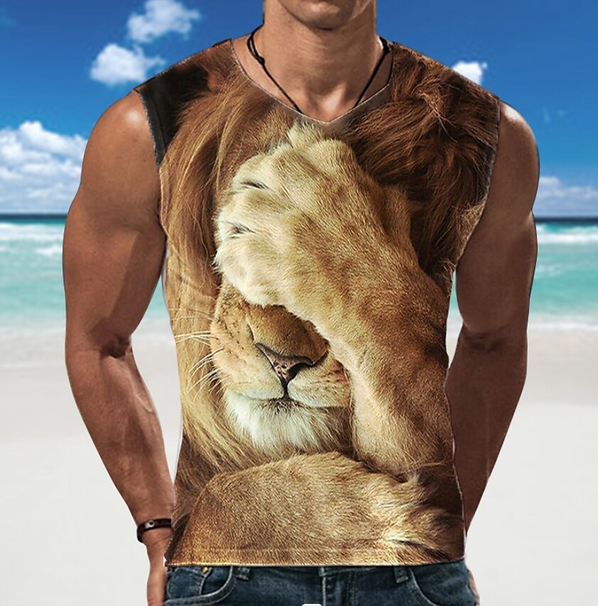 Men's Undershirt Lion Crew Neck Khaki Casual Daily Sleeveless Print Clothing Apparel Cool Casual