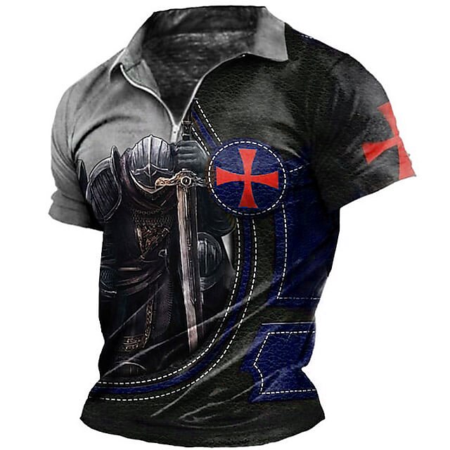 Men's Collar Polo Shirt  Soldier Turndown Print Outdoor Street Short Sleeves Zipper Fashion Casual Breathable Golf Shirt