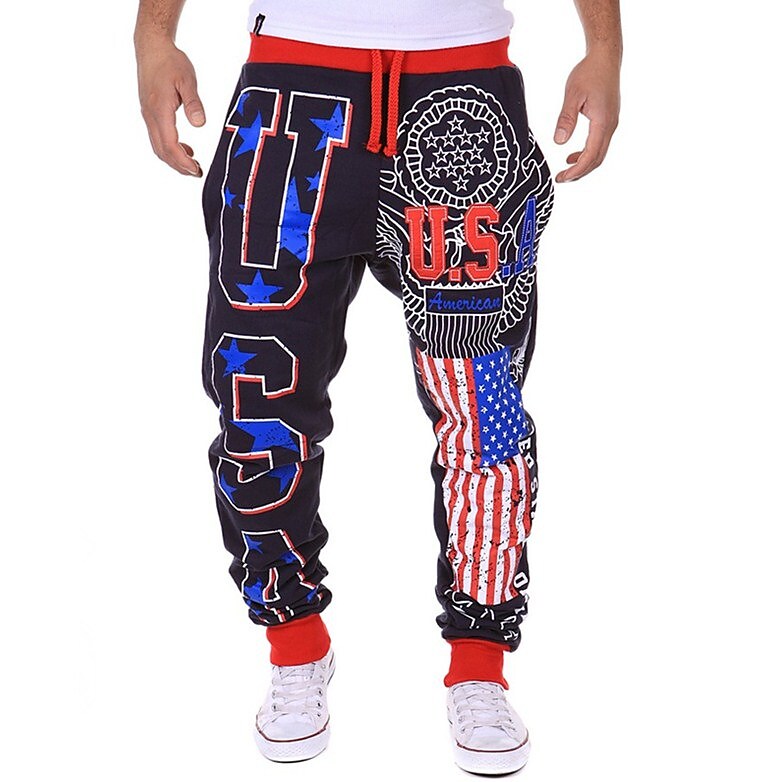 Men's Sweatpants Trousers Chinos Drawstring Elastic Waist Letter National Flag Length Weekend Basic Top