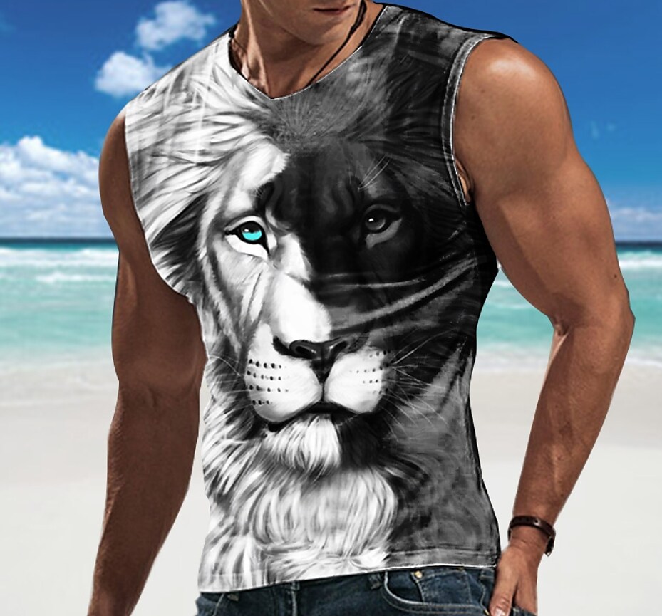 Men's Undershirt Lion Crew Neck Casual Daily Sleeveless Print Cool Casual Tank Top