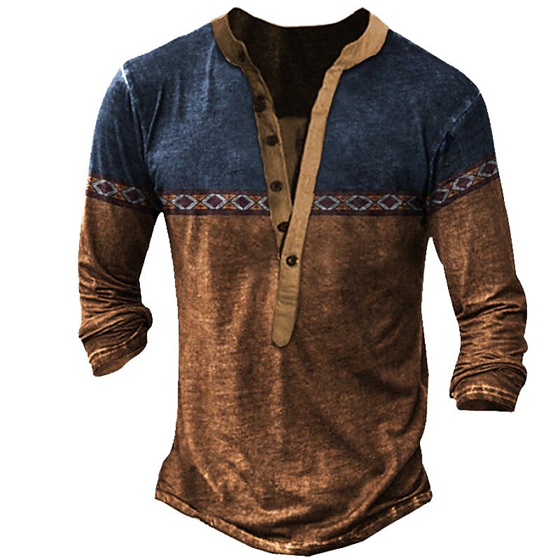 Men's Henley Shirt Color Block Henley Street Vacation Long Sleeve Patchwork Clothing Basic Western Top 