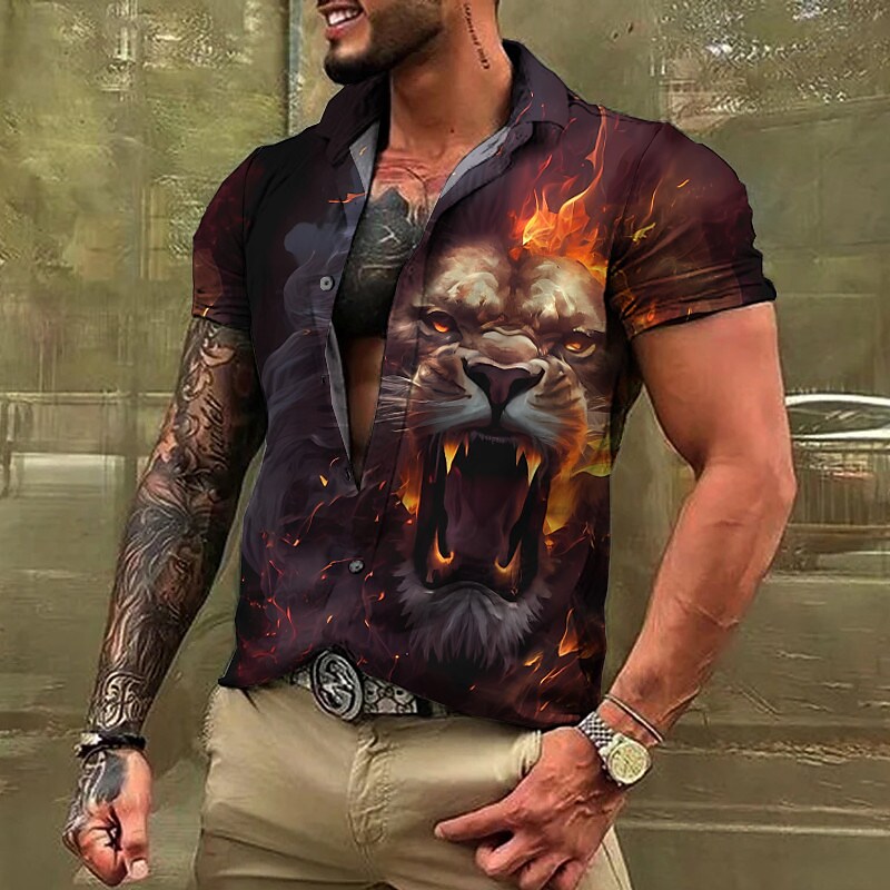 Men's Outdoor Casual Animal Print Street Fashion Lapel Short Sleeve Shirt