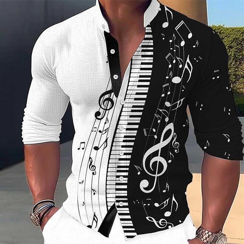 Men's Linen Shirt Graphic Prints Music Notes Stand Collar Outdoor Street Long Sleeve Print Clothing Linen Casual Shirt 