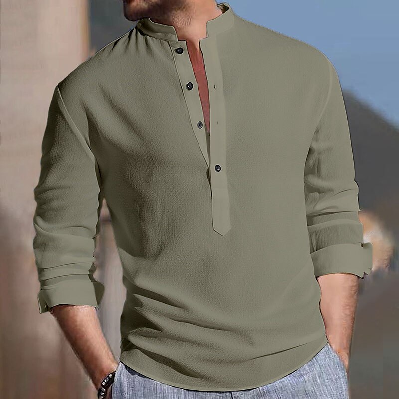 Men's Casual Hawaiian Vacation Street Comfortable Breathable Light Plain Stand Collar Long Sleeve Henley Shirt