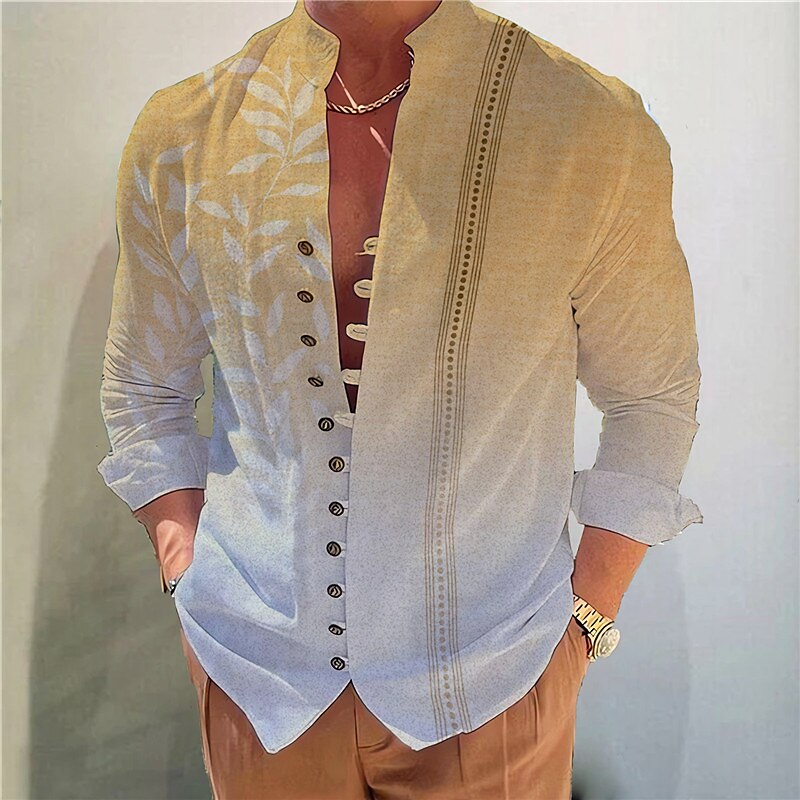 Men's Outdoor Street Fashion Casual Breathable Comfortable Light Print Stand Collar Long Sleeve Shirt