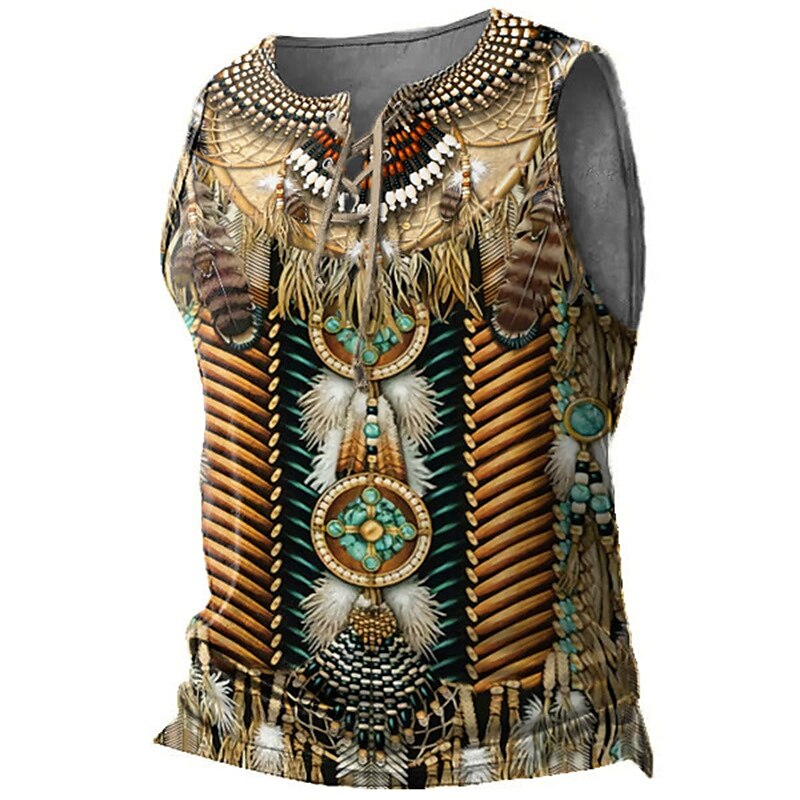 Men's Vest Top Sleeveless T Shirt for Men Graphic Tribal V Neck   Print Daily Sports Sleeveless Lace up Print Designer Ethnic Top