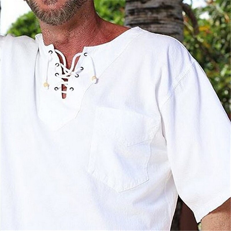 Men's Outdoor Beach Casual Vacation Breathable Quick Dry Lightweight Solid Color V-neck Short Sleeve Henley Shirt