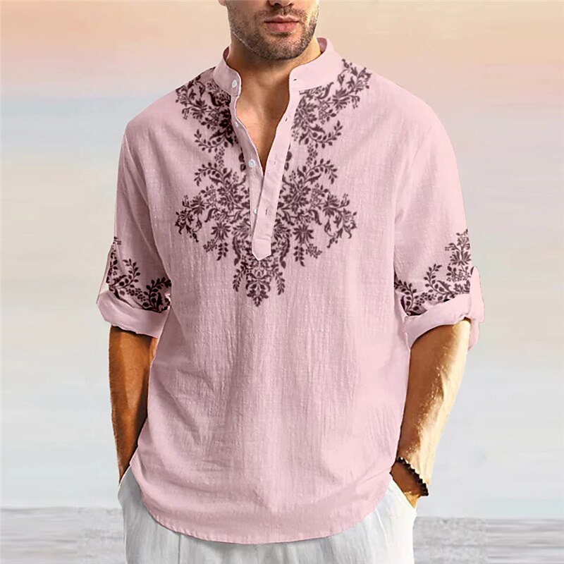 Men's Linen Shirt Floral Graphic Prints Stand Collar Outdoor Street Long Sleeve Print Linen Fashion Casual Shirt 