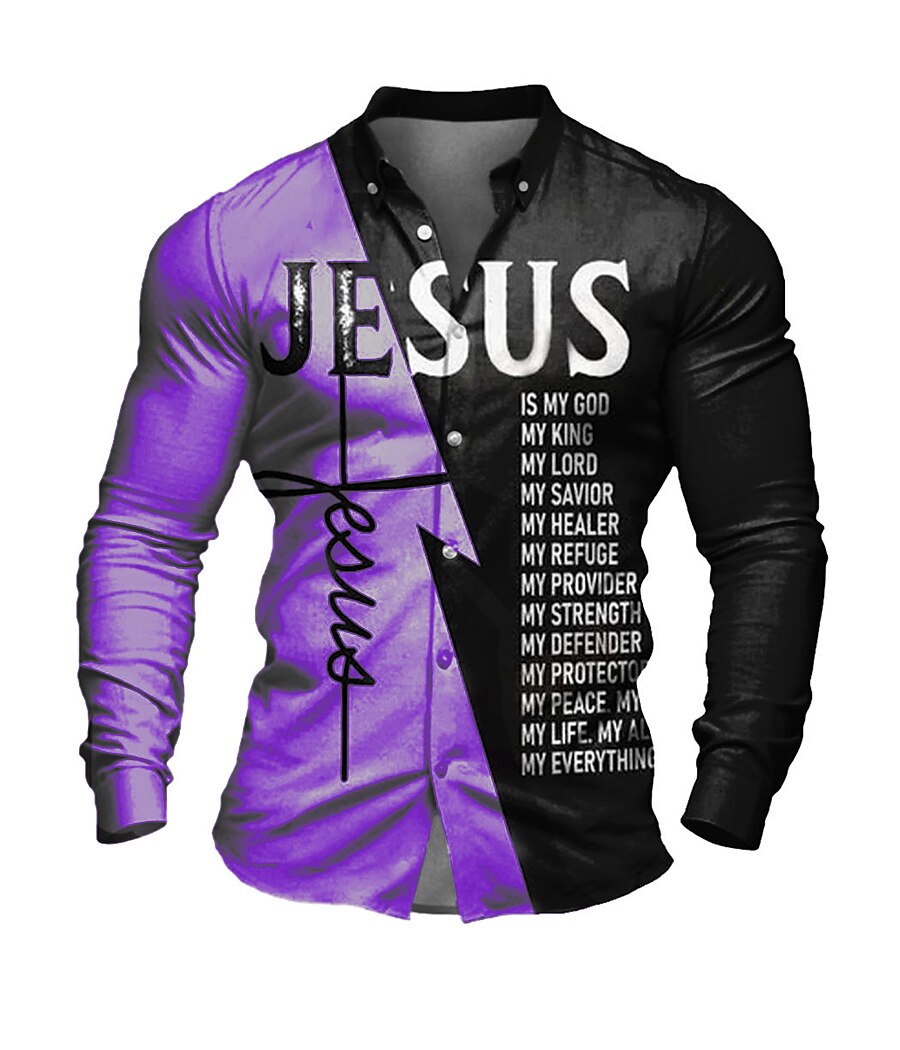 Men's Shirt Letter Graphic Prints Jesus Stand Collar Outdoor Street Long Sleeve Button-Down Print Casual Soft Top