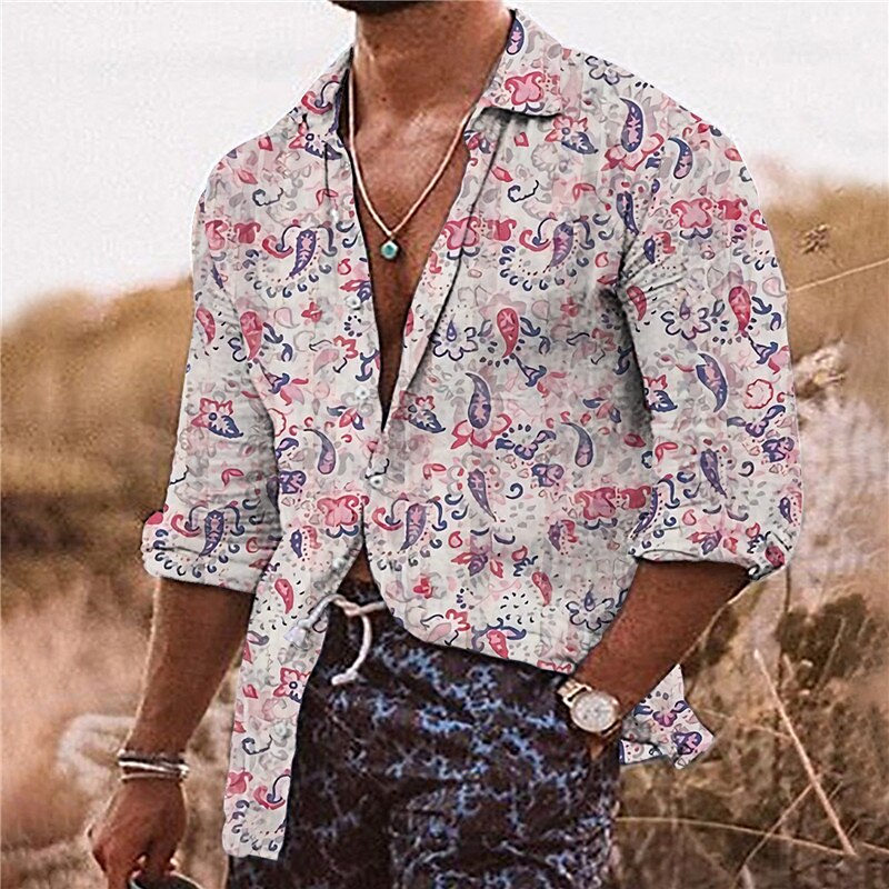 Men's Boho Shirt Floral Graphic Turndown Apricot Pink Outdoor Street Long Sleeve Button-Down Print Tropical Sports Shirt  