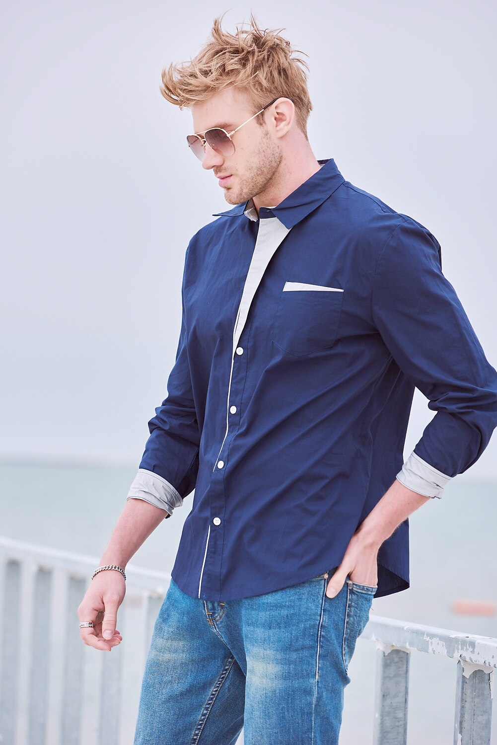 Men's Outdoor Work Wedding Fashion Comfortable Pocket Plain Long Sleeves Shirt
