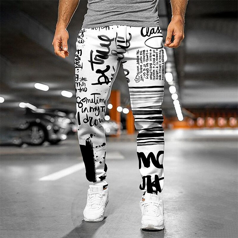 Men's Joggers Trousers Drawstring Side Pockets Elastic Waist Graphic Letter Outdoor Sports Full Length Casual Sweatpants 