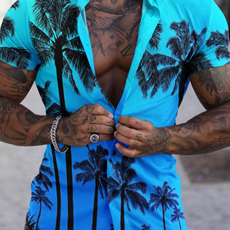 Men's Graphic Shirt Tree Turndown Sea 3D Print Street Daily Short Slee