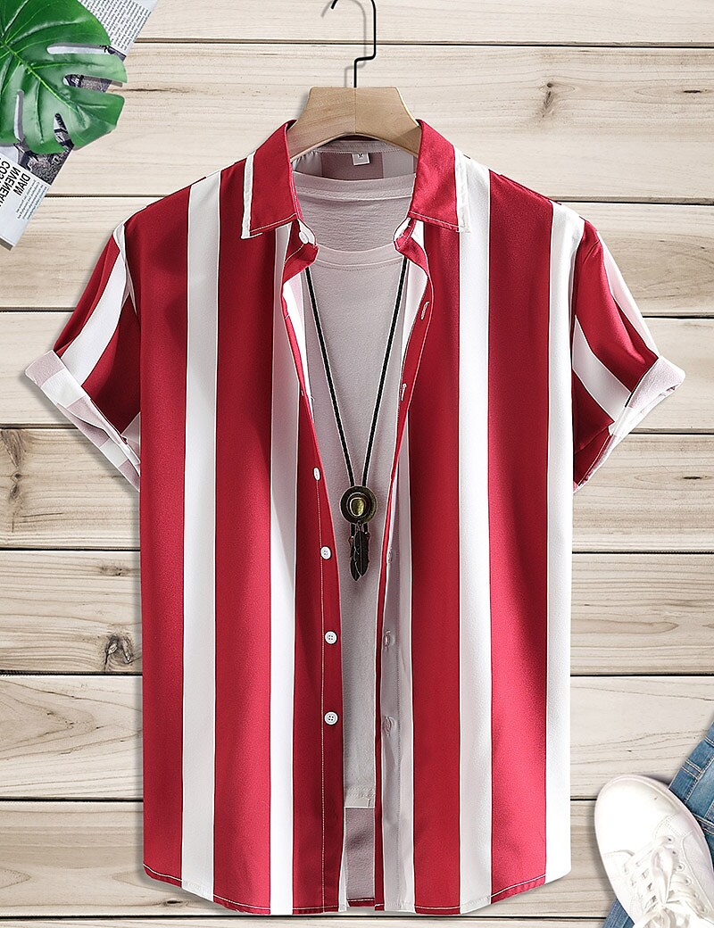 Men's Outdoor Street Casual Vacation Comfortable Breathable Lightweight Stripe Print Lapel Short Sleeve Shirt