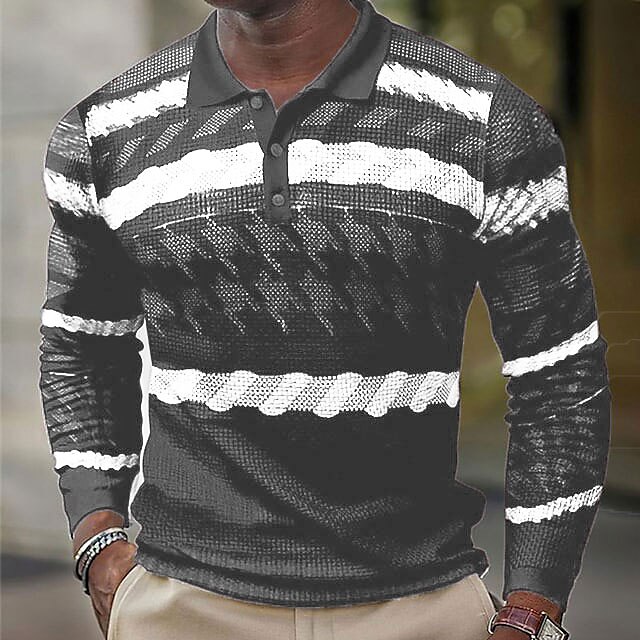 Men's Polo Shirt Golf Shirt Waffle Polo Shirt Plaid Striped Turndown  Print Outdoor Street Long Sleeve Button-Down Casual Top