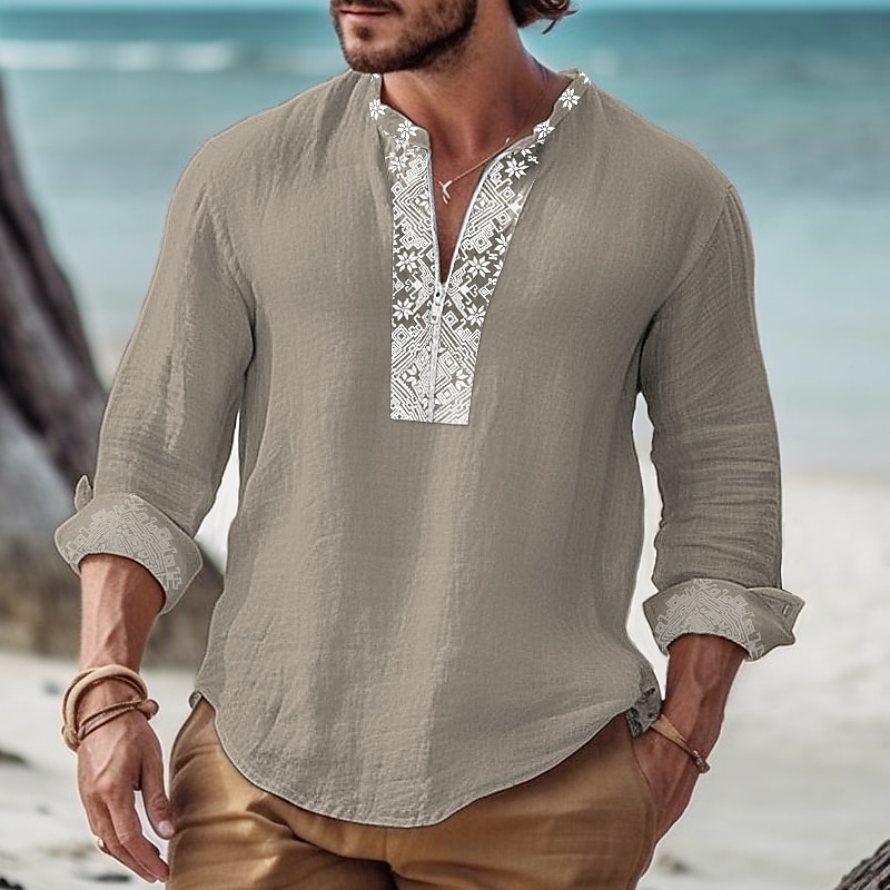 Men's Linen Summer Beach Shirt Henley Shirt Long Sleeve Color Block Henley Spring & Summer Casual Top