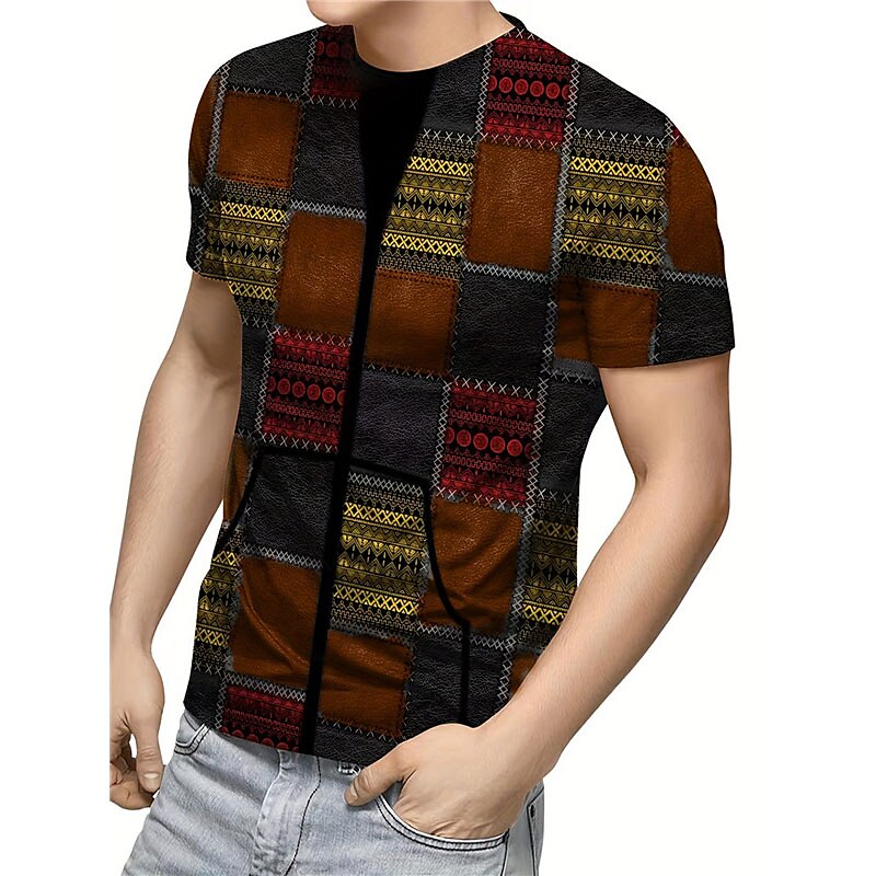 Men's Vintage Outdoor Fashion Casual Breathable Soft Plaid Print Short Sleeves T Shirt