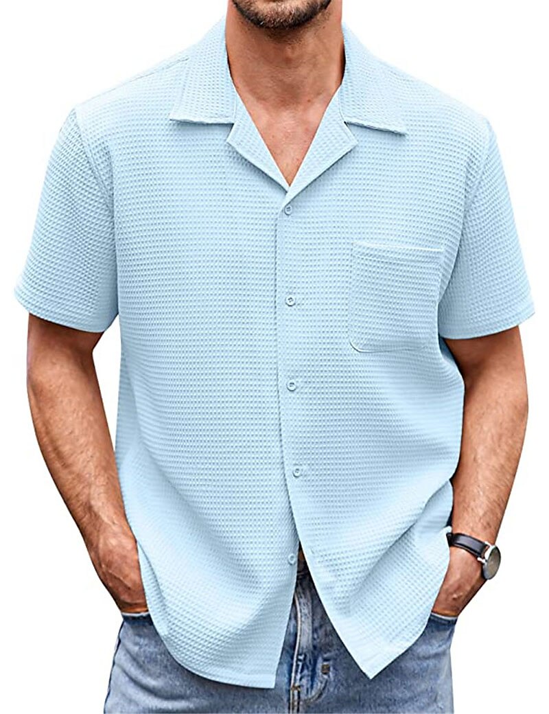 Men's Casual Vacation Beach Fashion Breathable Soft Front Pocket Plain Short Sleeves Shirt