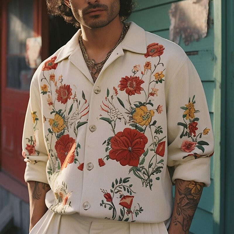 Men's Shirt Floral Graphic Prints Cuban Collar Outdoor Street Long Sleeve Print Fashion Casual Breathable Shirt 
