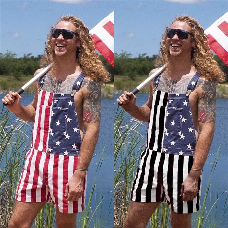 Men's Bib Jumpsuit Overall Shorts Pocket Print National Flag Comfort Breathable Short Casual Independence Day 