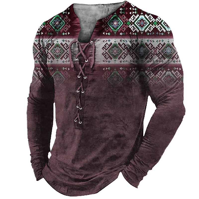 Men's T shirt Graphic Bohemian Collar Print Casual Daily Long Sleeve Lace up Print Fashion Comfortable Top