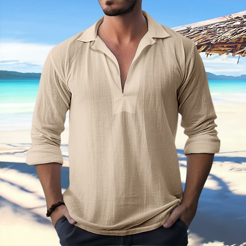 Men's Linen Casual Beach Shirt Long Sleeve Plain Turndown Casual Daily Shirt