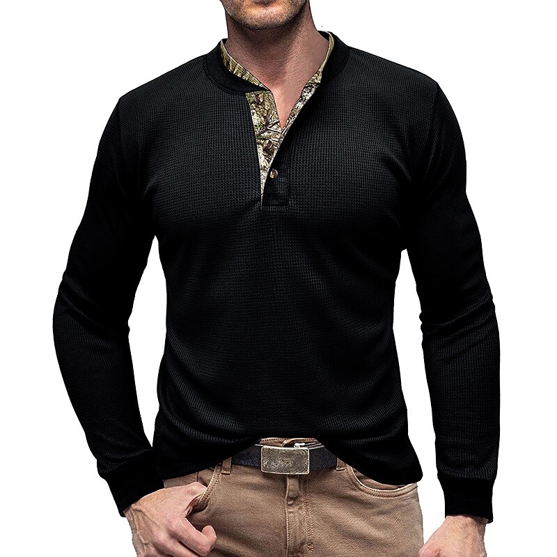 Men's Waffle Top Color Block Henley Street Vacation Long Sleeve Clothing  Henley Shirt