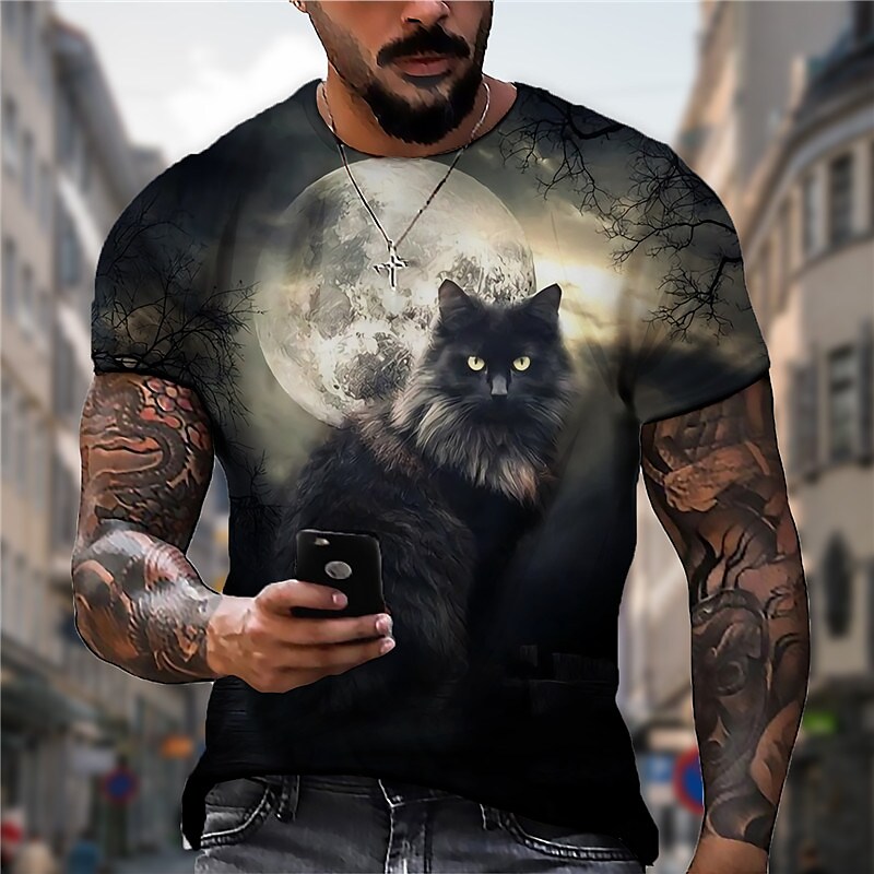 Men's T shirt Cat Graphic Prints Crew Neck Dark Gray 3D Print Outdoor Street Short Sleeve Sports Casual Top
