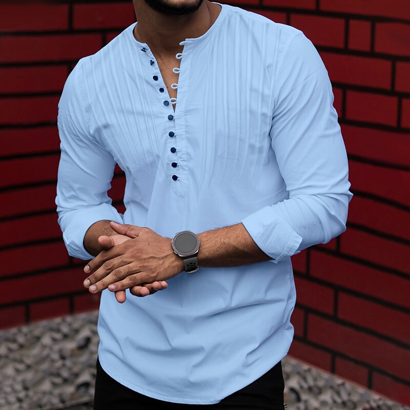 Men's Button down Long Sleeve Plain Crew Neck Street Vacation Stylish Modern Casual Henley