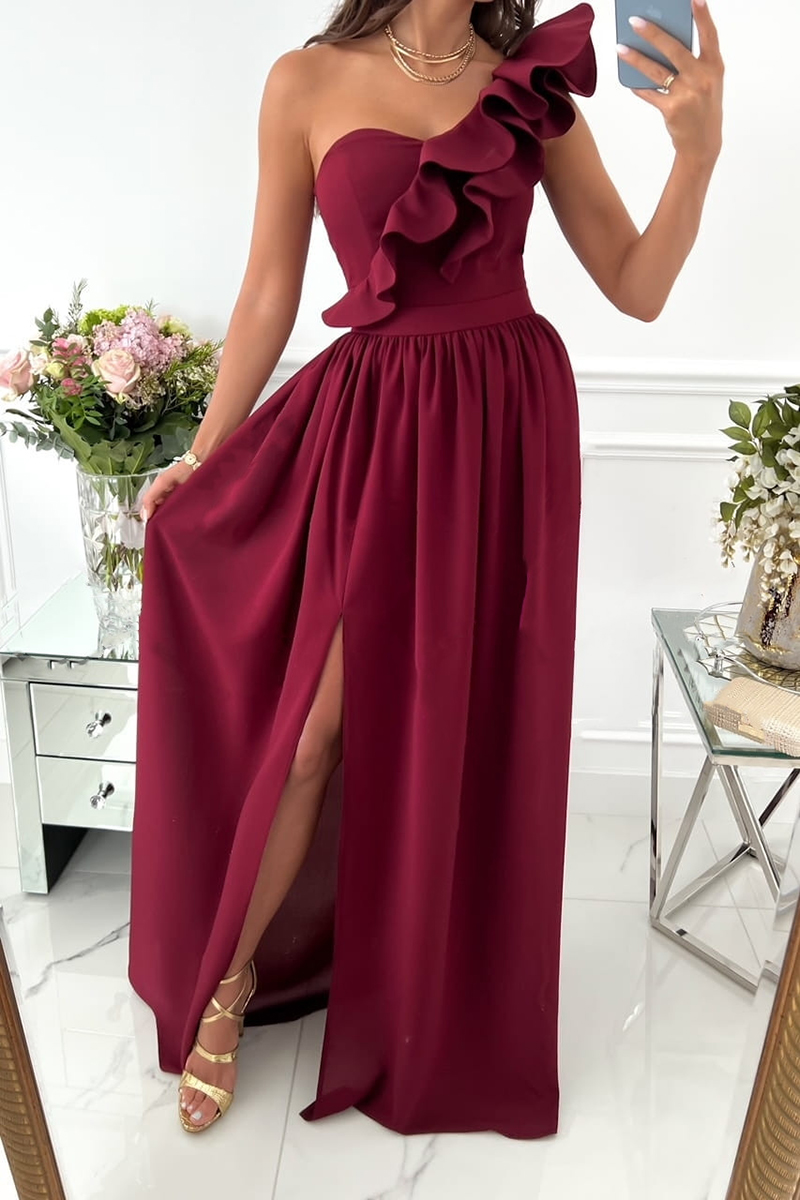 Emily Elegant Ruffle Single Shoulder Split Dress