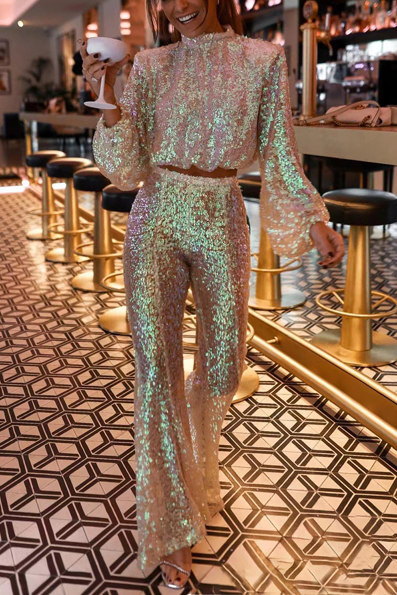 Camille Fashion Sequin Lantern Sleeve Top Flared Pants Set