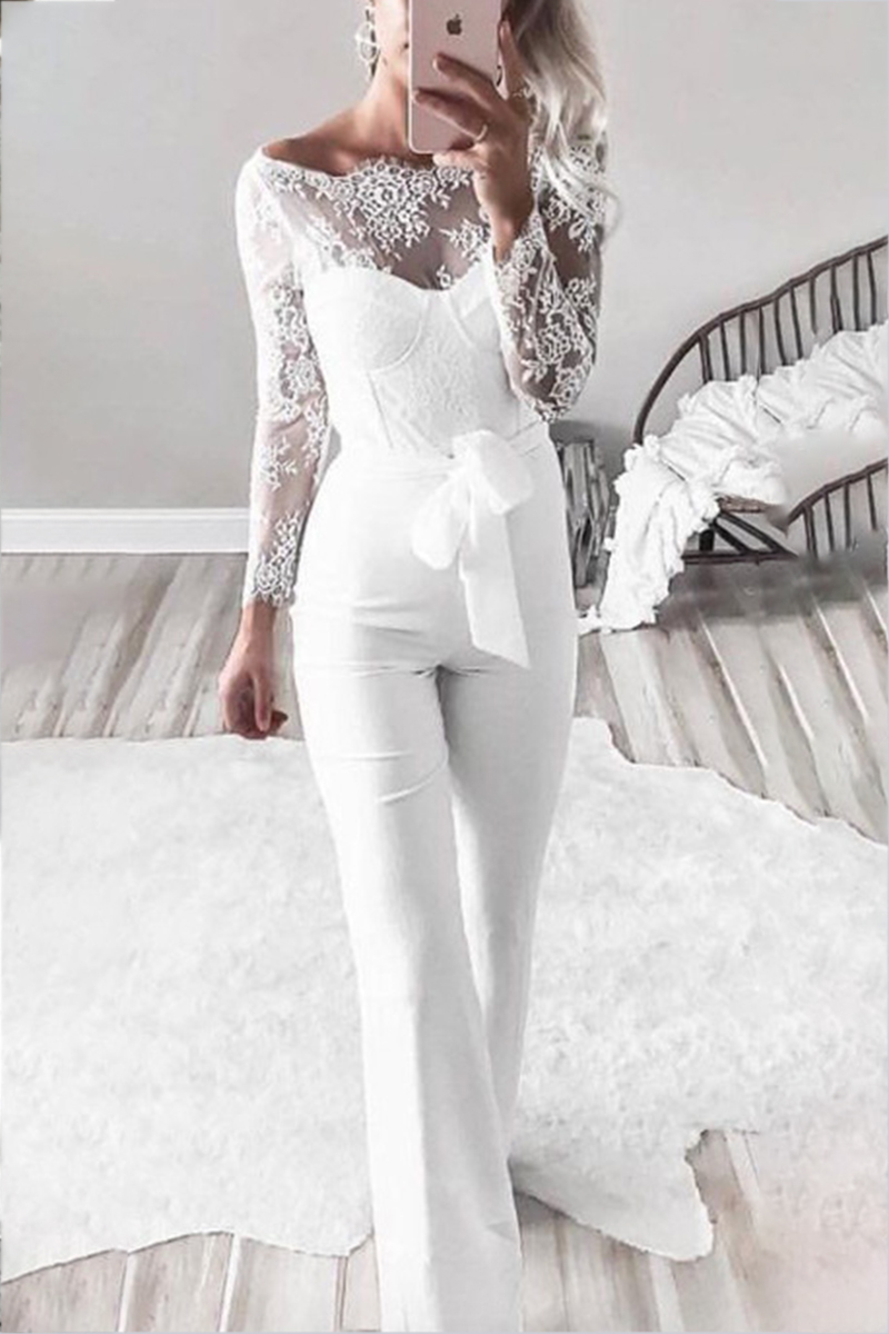 Shepicker Fashion Ladies Wedding One Shoulder White Lace Top Wide Leg Jumpsuit