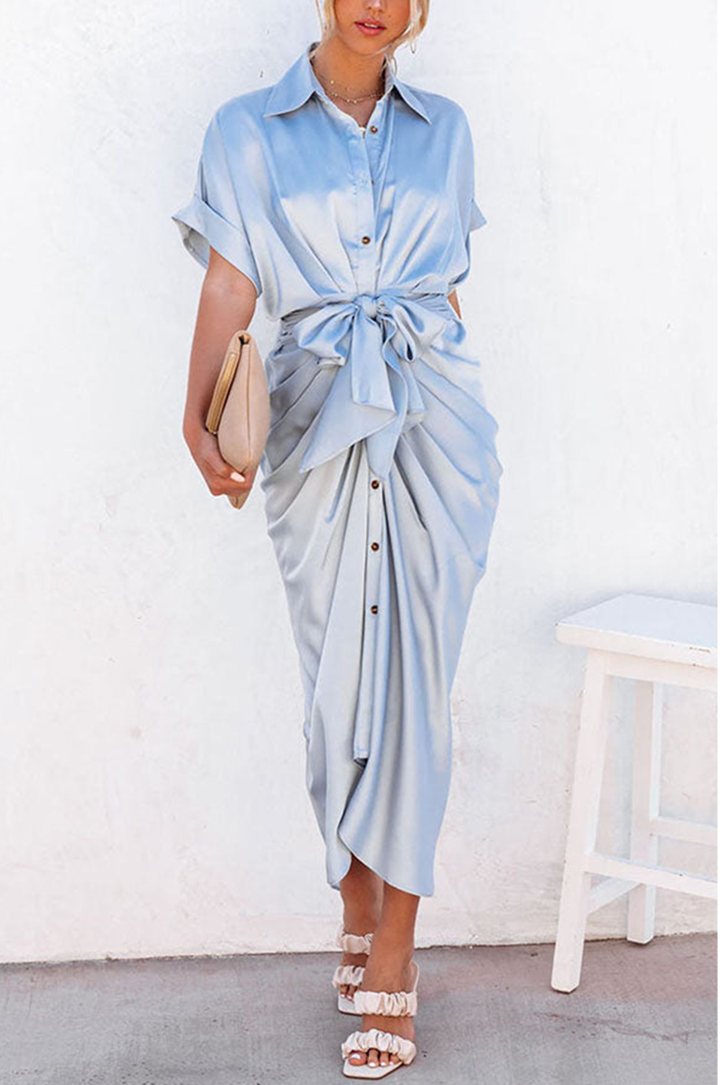 Solid Color Pleated Long Dress