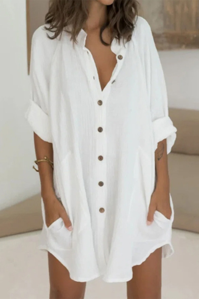 Sylvia Cotton Linen Row Button Mid-Length Short-Sleeved Shirt Dress