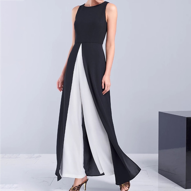 Mary Fashion Sleeveless Black And White Collision Color Dress Pants Set