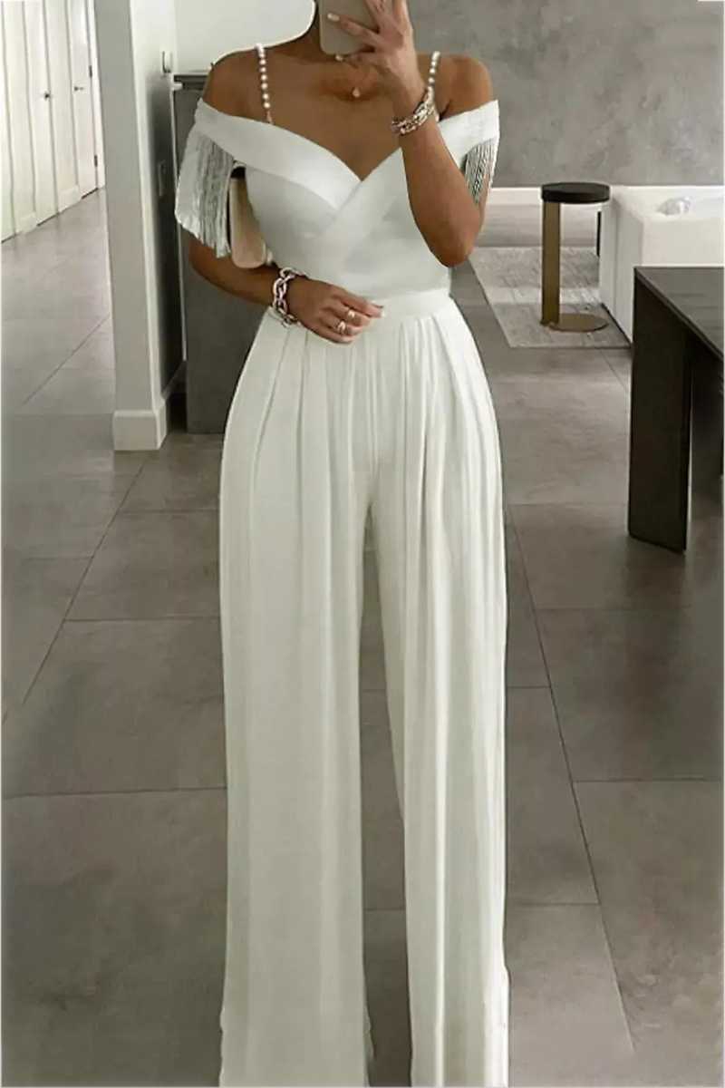Shepicker Fashion Ladies Wedding One Shoulder White Wide Leg Jumpsuit