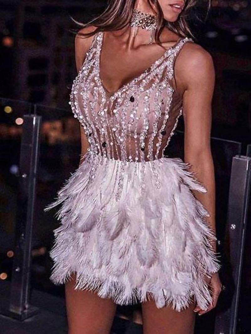 Emanuela Sexy V-Neck Feather Splicing Mini Dress
