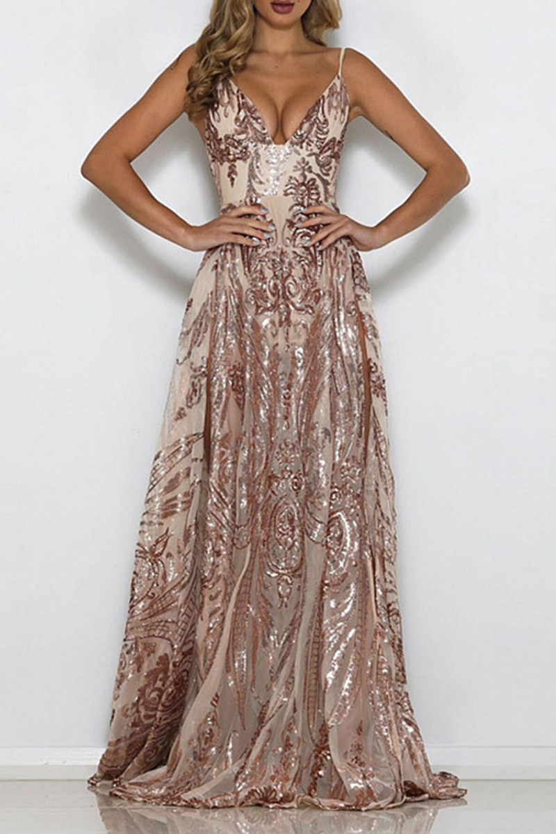 Danielle Elegant V-Neck Party Sequins Split Dress