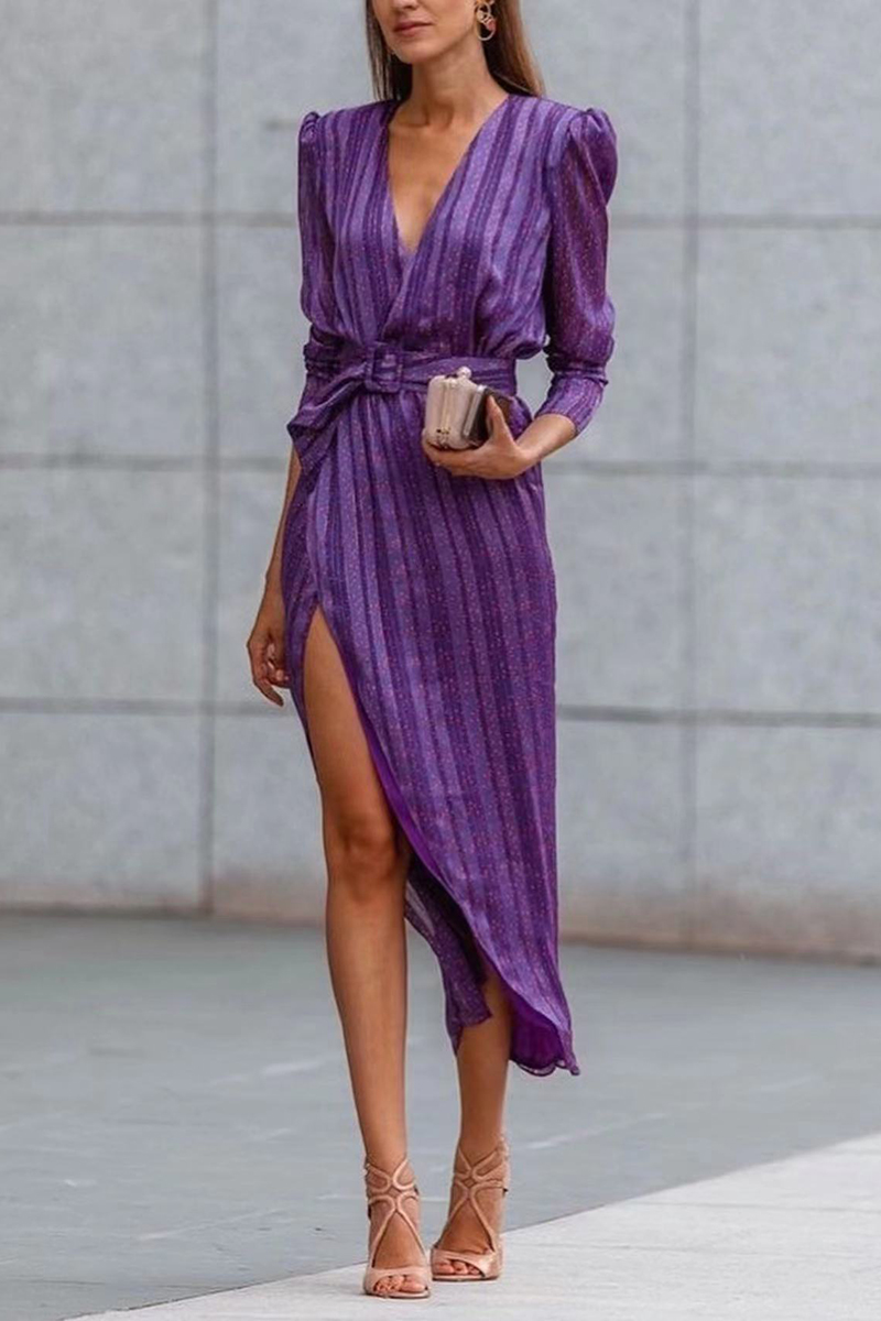 Sara Elegant Suit Collar Purple Striped Slit Dress