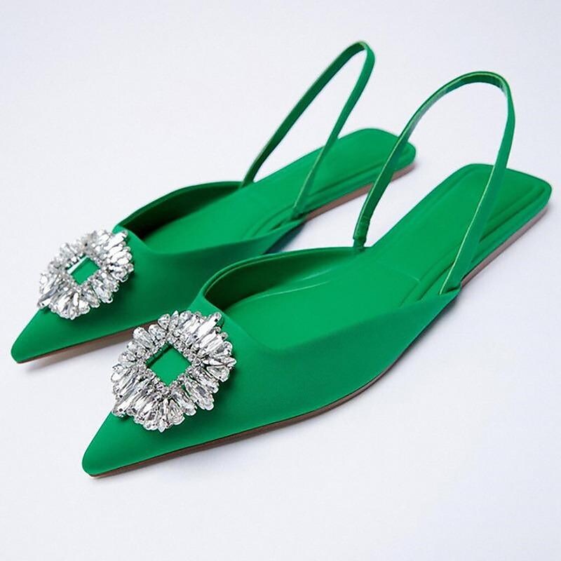 Snezana Fashion Green Rhinestone Pointed Toe Flat Sandals