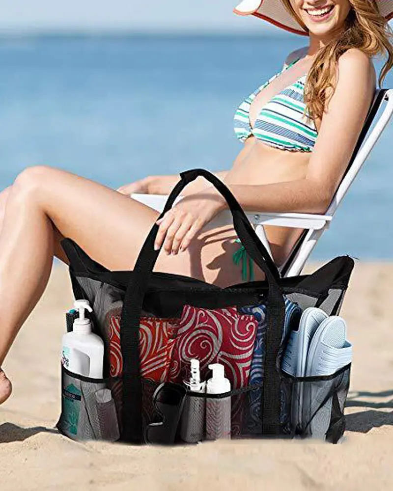 Megan Large Mesh Beach Tote Bag Multiple Pockets Toys Towels Storage Summer Family Travel Pool Bag