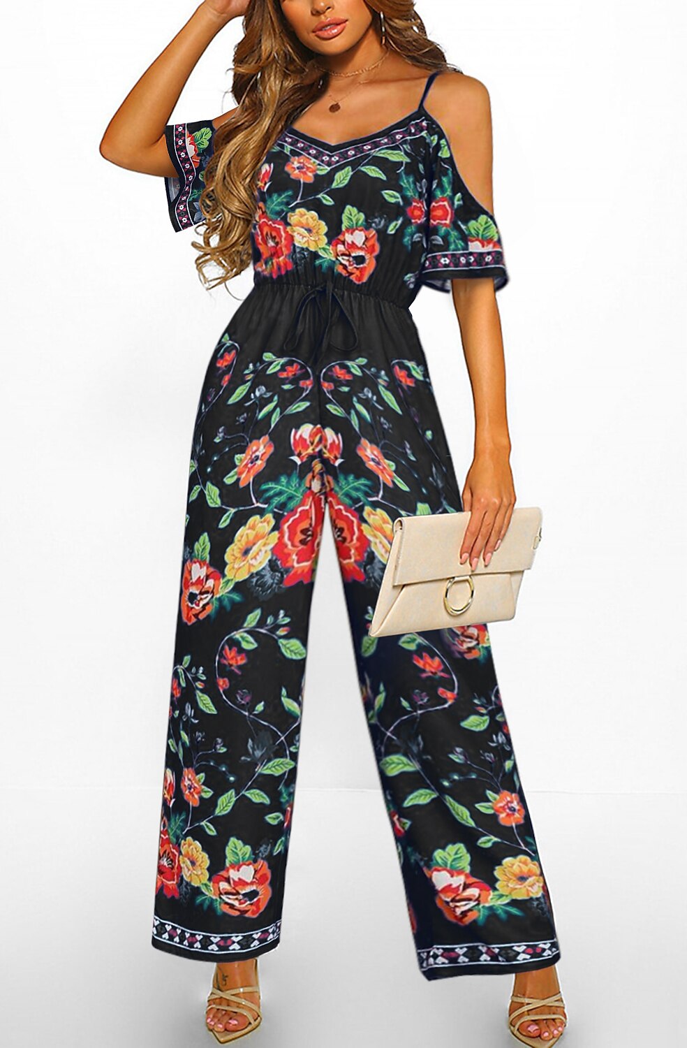 Shepicker Print Floral Cold Shoulder Casual Vacation Straight Jumpsuit