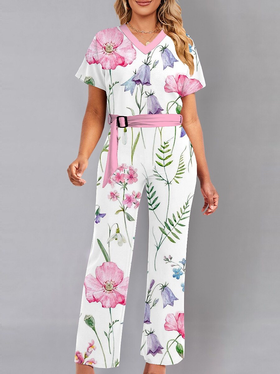Shepicker Print Floral Casual Straight T-shirt Sleeve Jumpsuit for Women