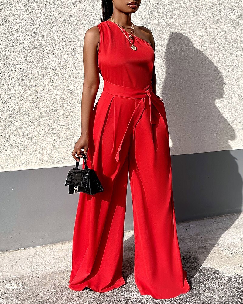 Shepicker Criss Cross Solid Color One Shoulder Fit Sleeveless Jumpsuit