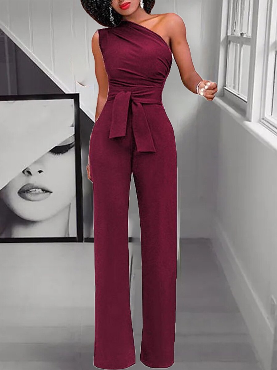Shepicker Lace up High Waist Solid Color One Shoulder Sleeveless Jumpsuit
