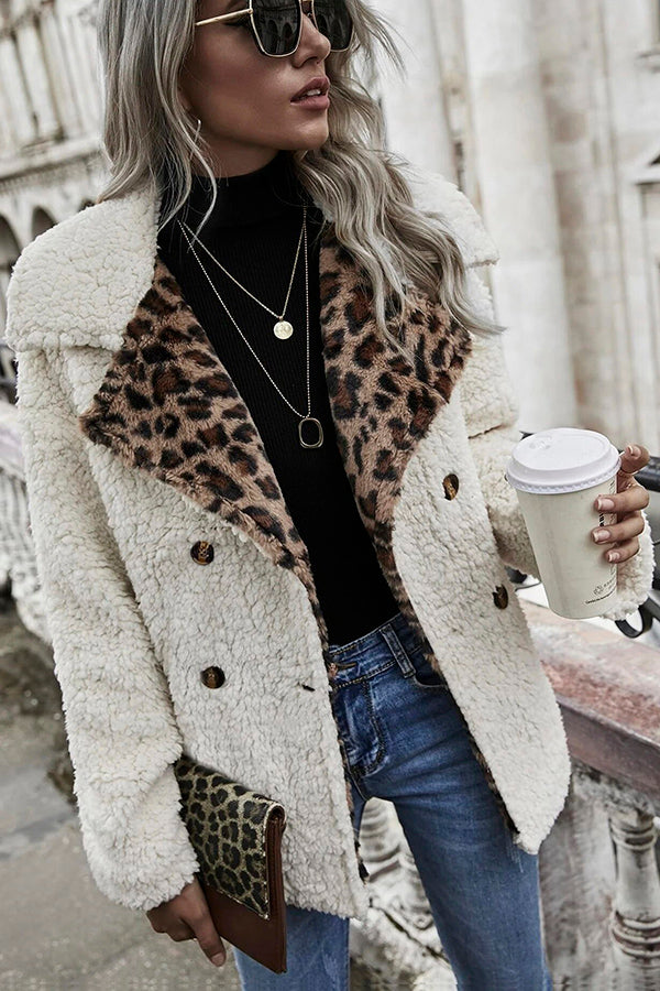 Shepicker Women'S Autumn And Winter Leopard Print Splicing Plush Long-Sleeved Jacket