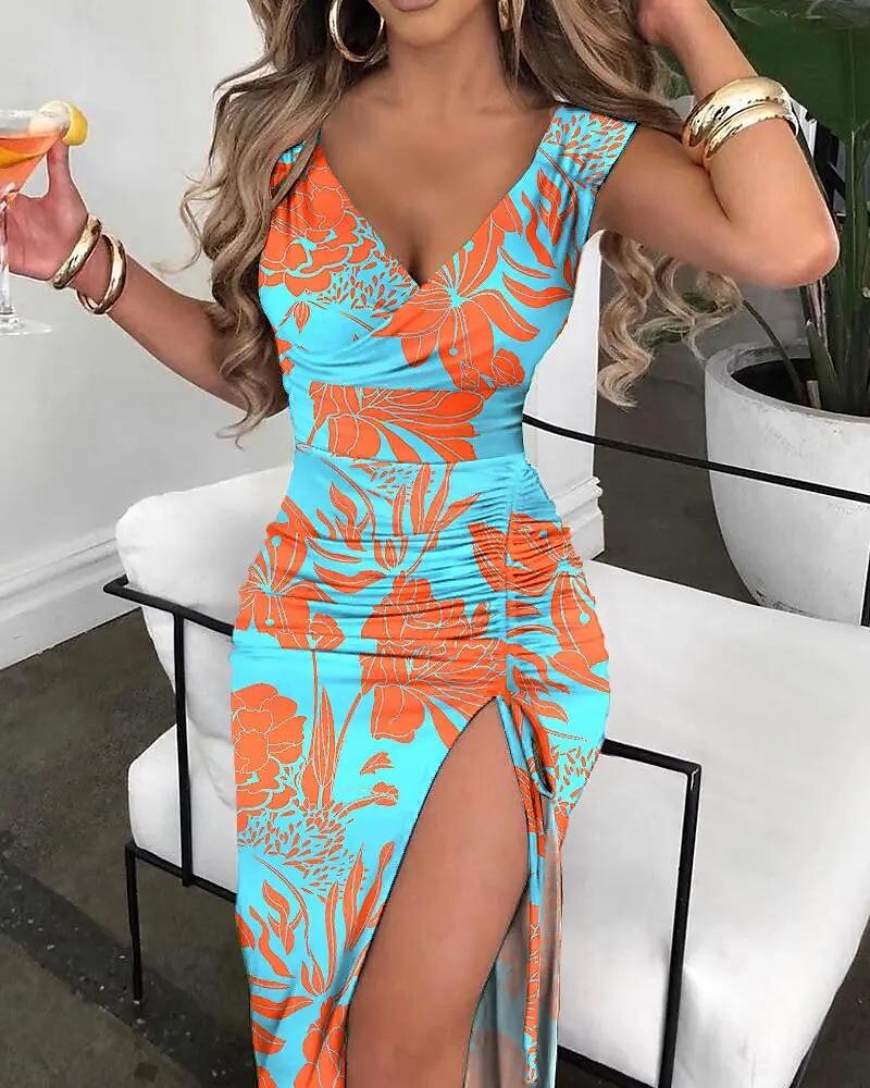 Taylor Sexy V-Neck Print Slit Dress