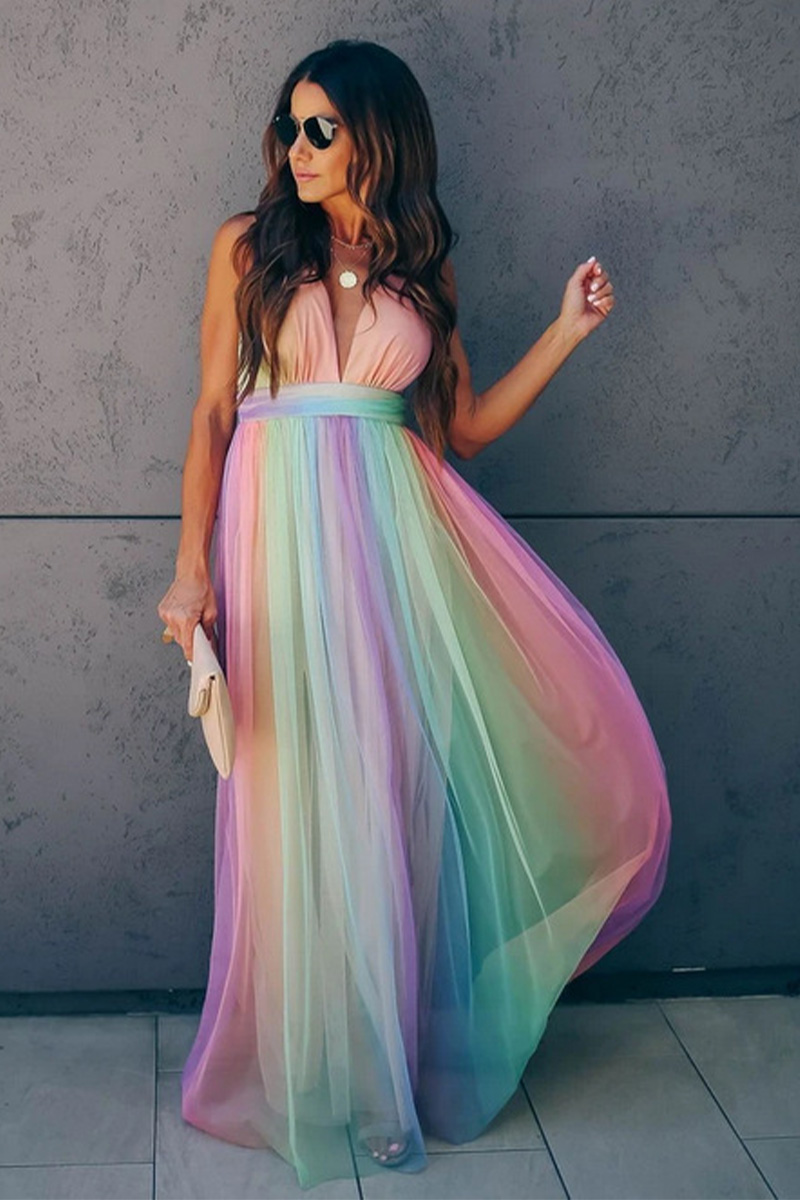 Vicki Sleeveless Rainbow Striped Backless Maxi Dress